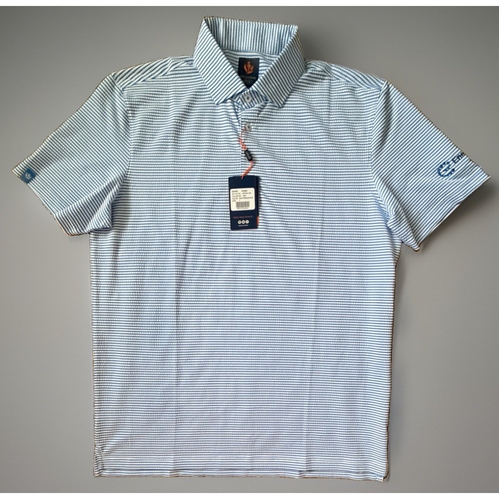 New Donald Ross Golf Short Sleeve Polo Blue White Striped Logo Large NWT JBHS